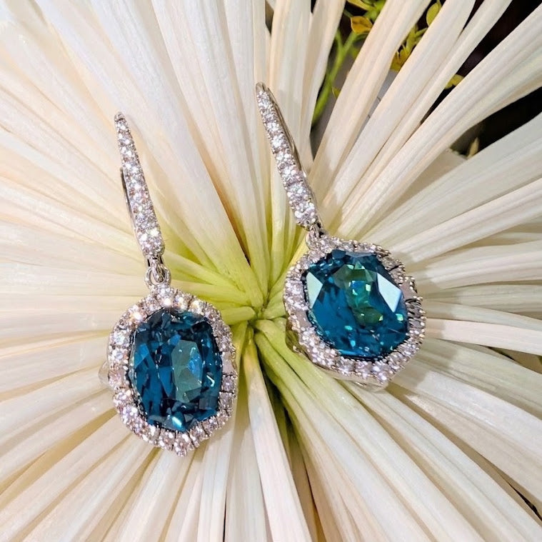 Blue Zircon Halo Dangle Earrings