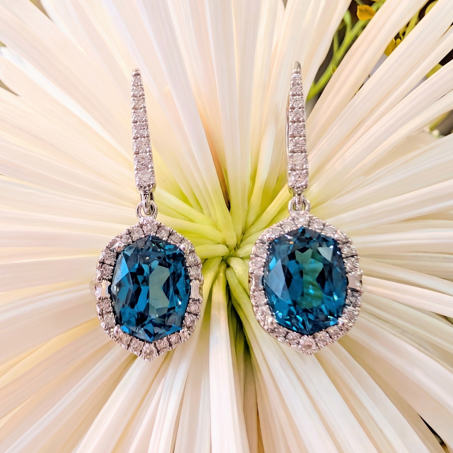 Blue Zircon Halo Dangle Earrings