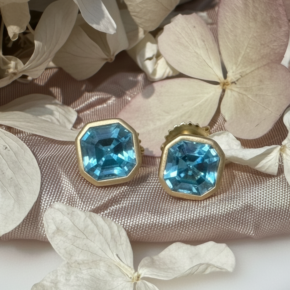 Blue Zircon Asscher Cut Studs