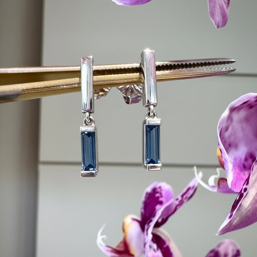 Blue Topaz Baguette Dangle Earrings