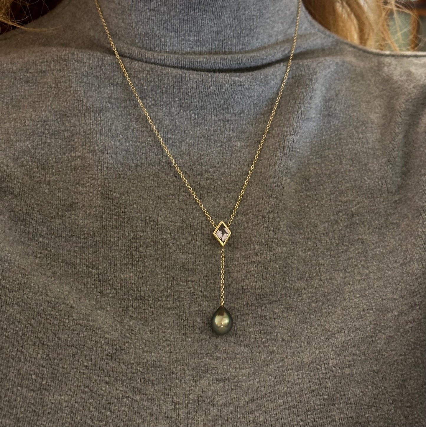 Grey Spinel and Tahitian Pearl Y Necklace