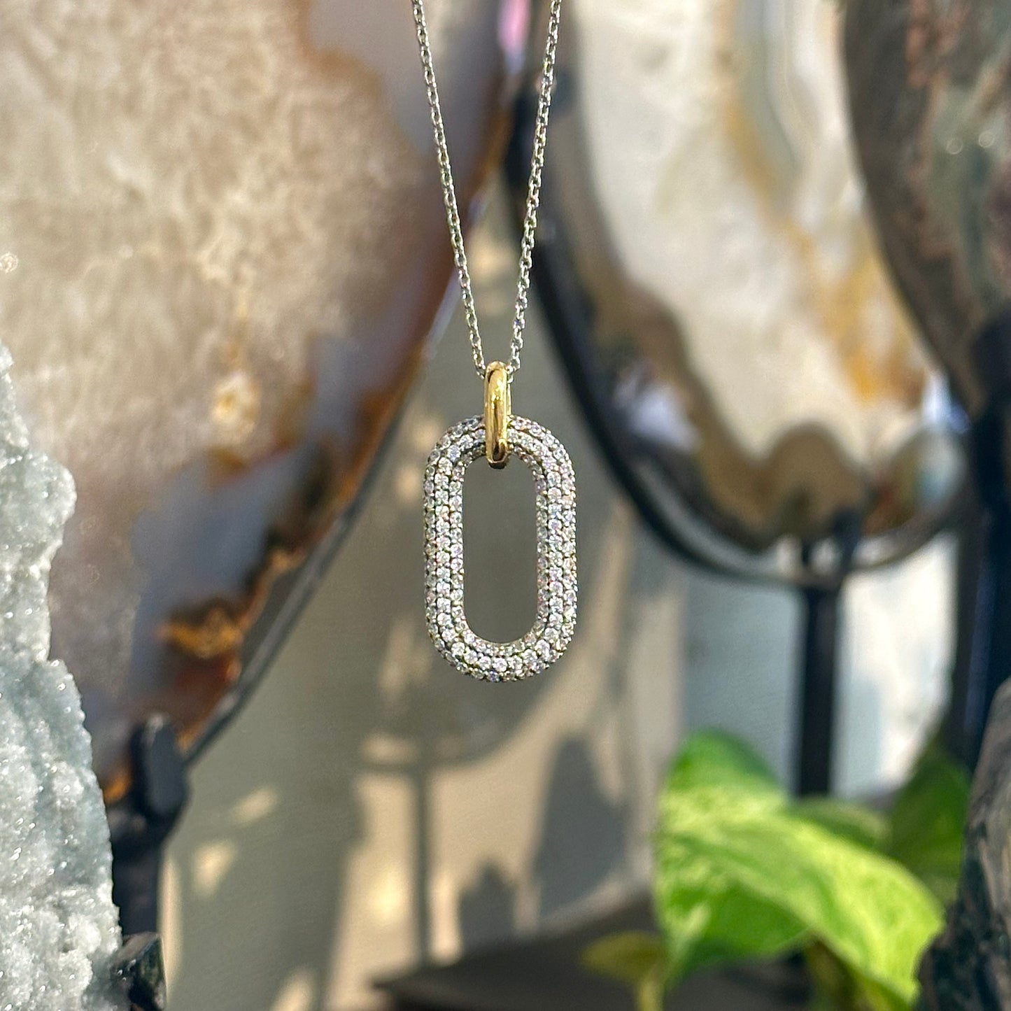 Two Tone CZ Oval Pendant