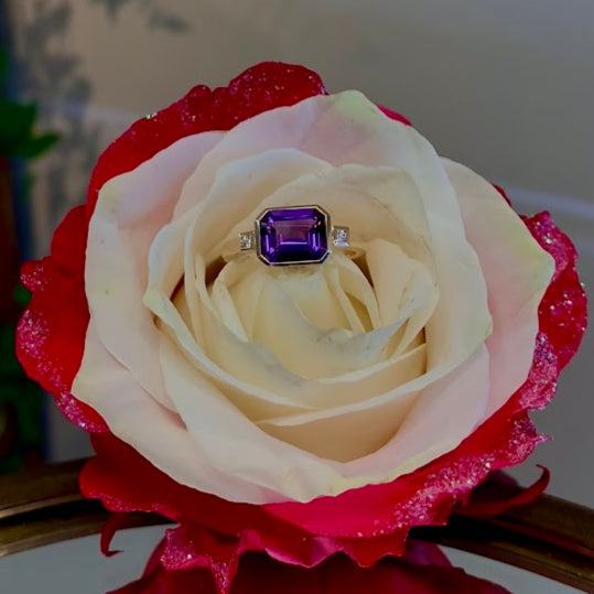 Emerald Cut Amethyst and Diamond Ring