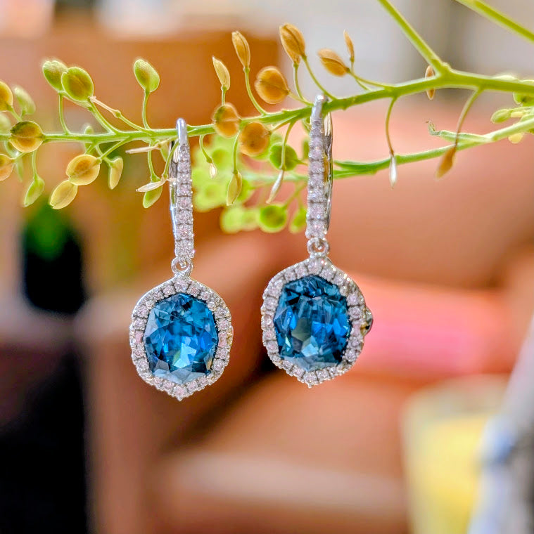 Blue Zircon Halo Dangle Earrings