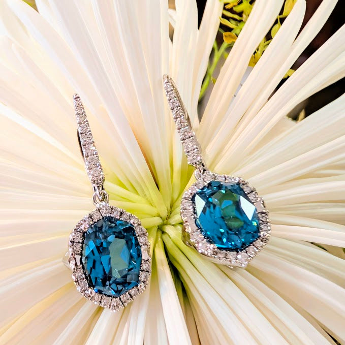 Blue Zircon Halo Dangle Earrings