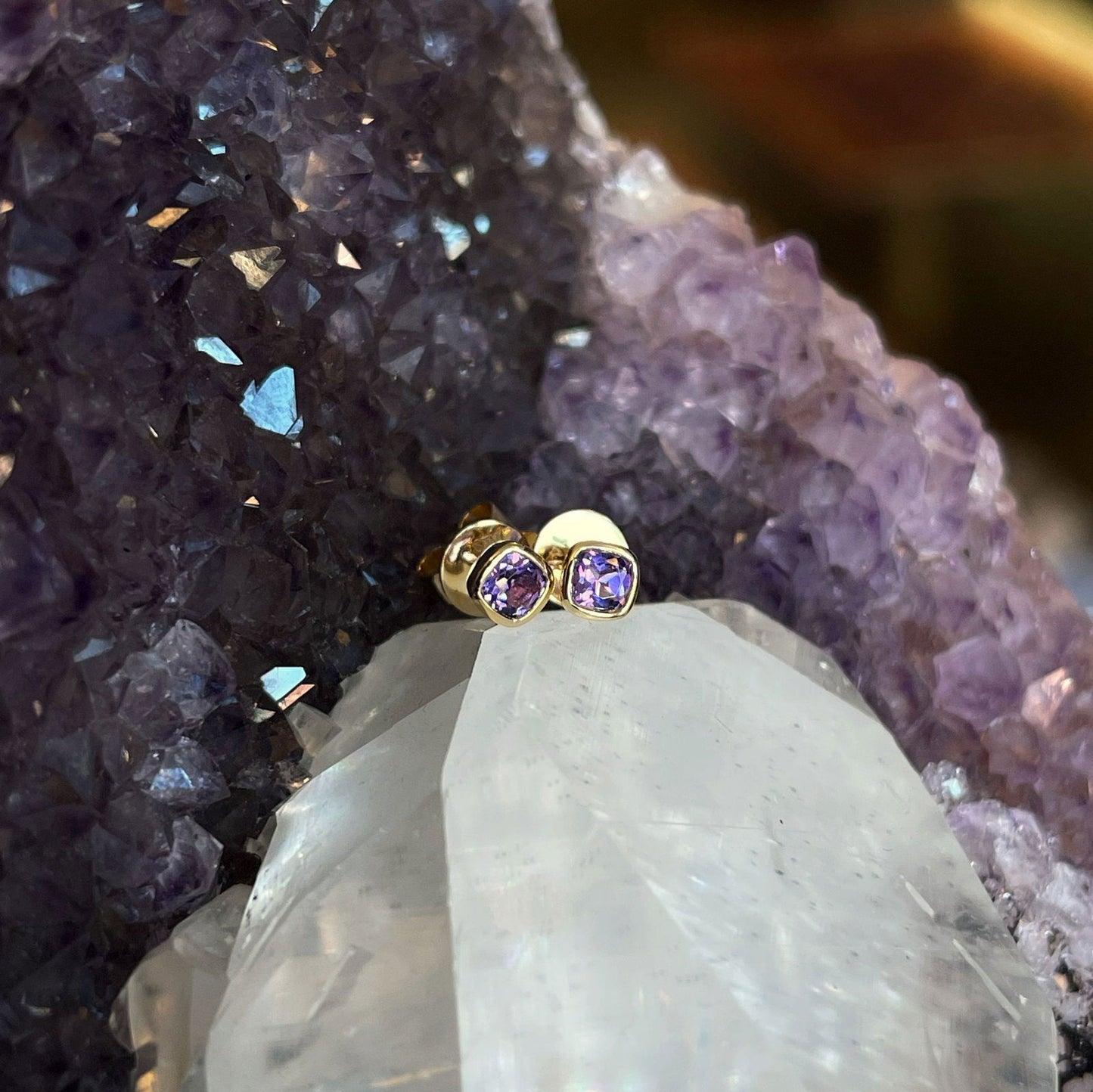 Photo of Bezel Studs in a decorative scene, designed by -, available at Plumb Gold & Plumb Silver