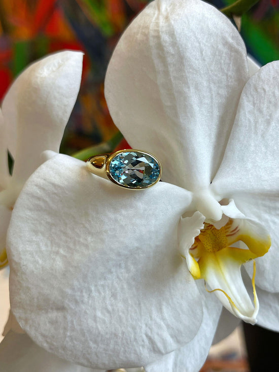 Photo of Blue Topaz Bezel Ring in a decorative scene, designed by , available at Plumb Gold & Plumb Silver
