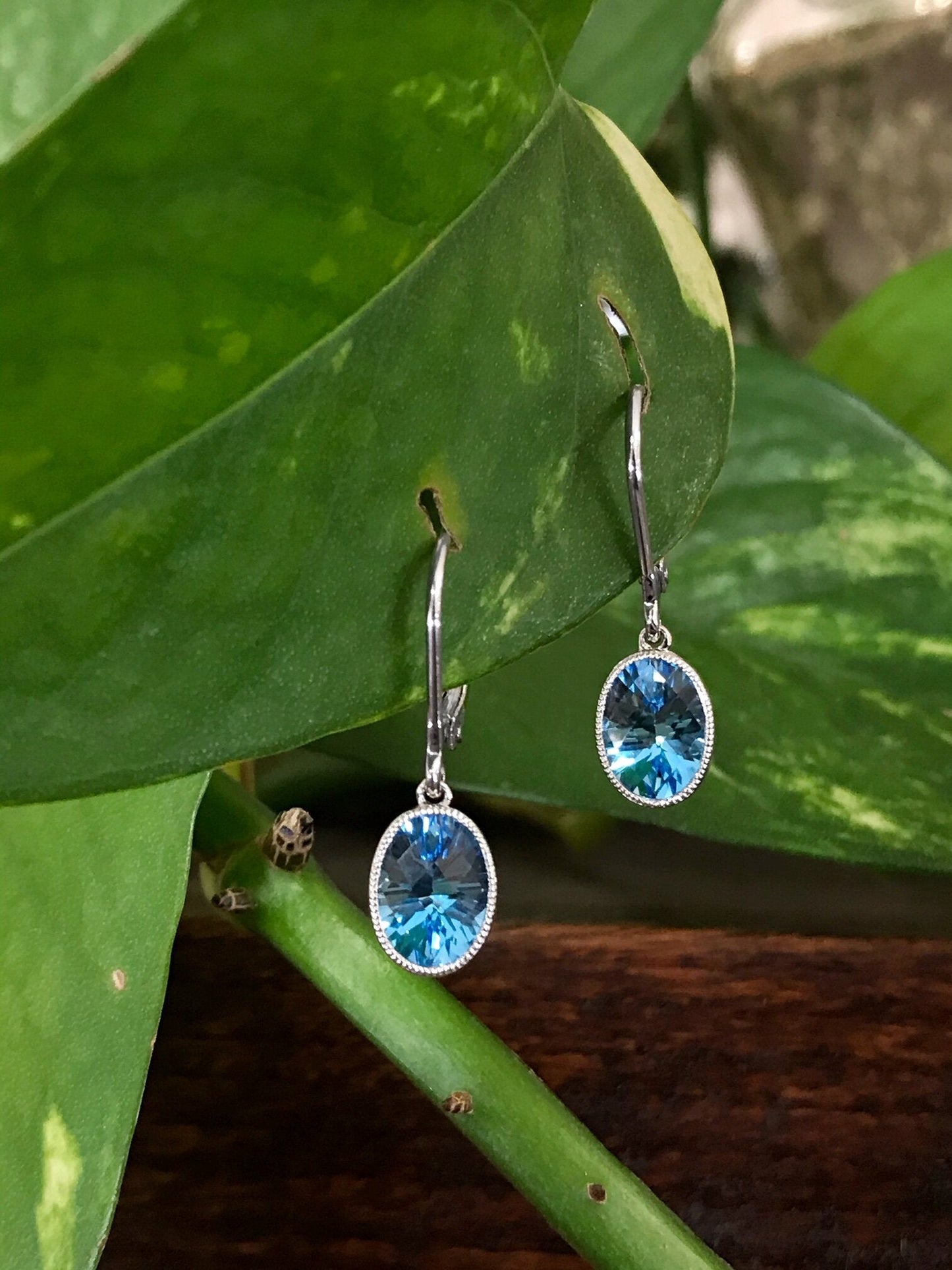 Photo of Blue Topaz Dangles in a decorative scene, designed by , available at Plumb Gold & Plumb Silver