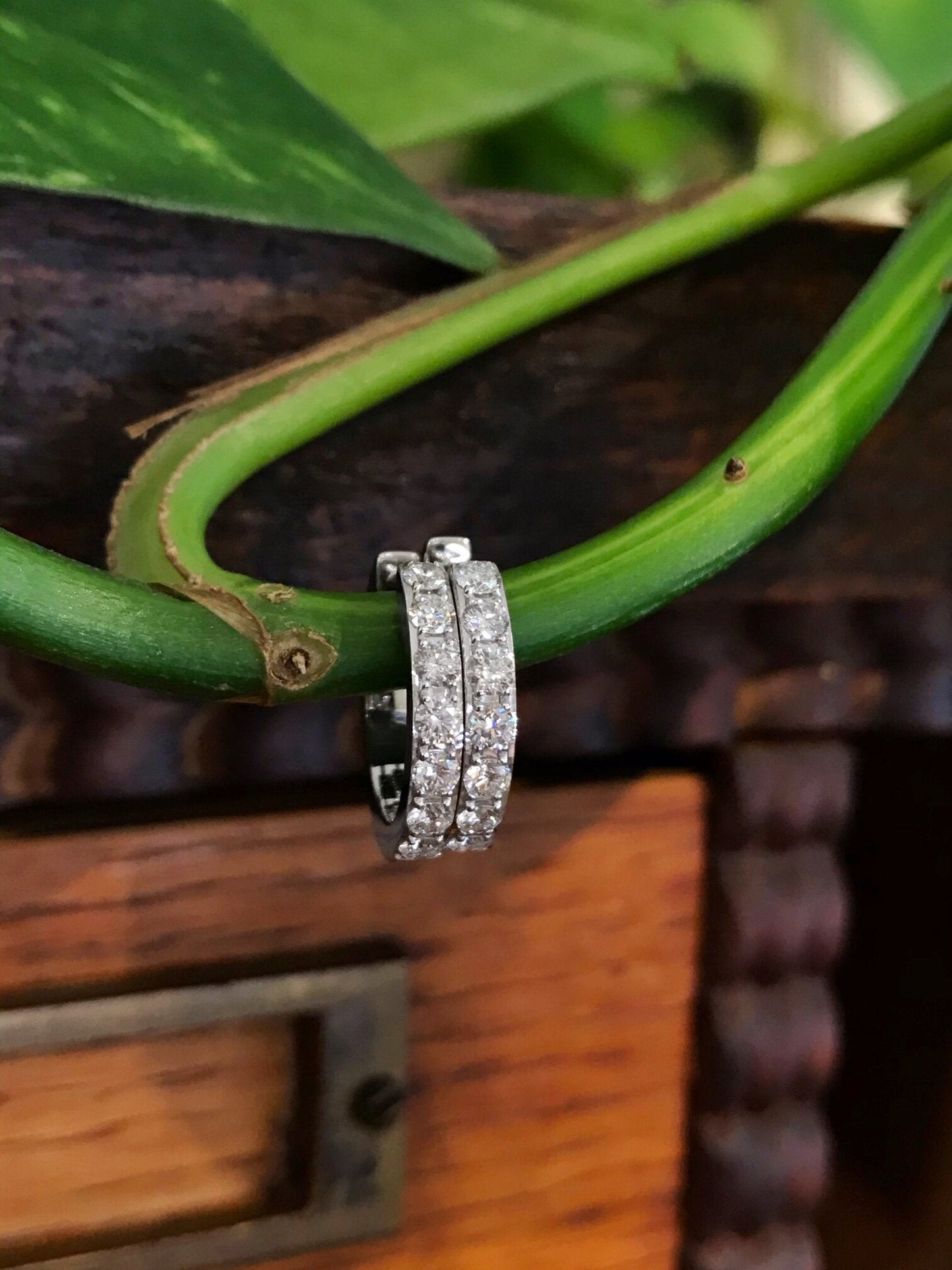Photo of Breuning Diamond Hoops in a decorative scene, designed by , available at Plumb Gold & Plumb Silver