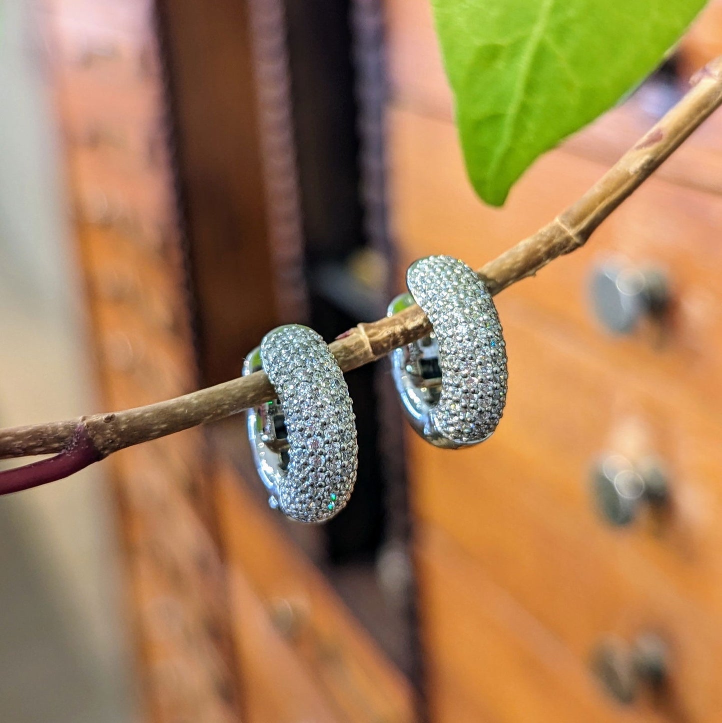 Photo of CZ Pavé Hoop in a decorative scene, designed by , available at Plumb Gold & Plumb Silver