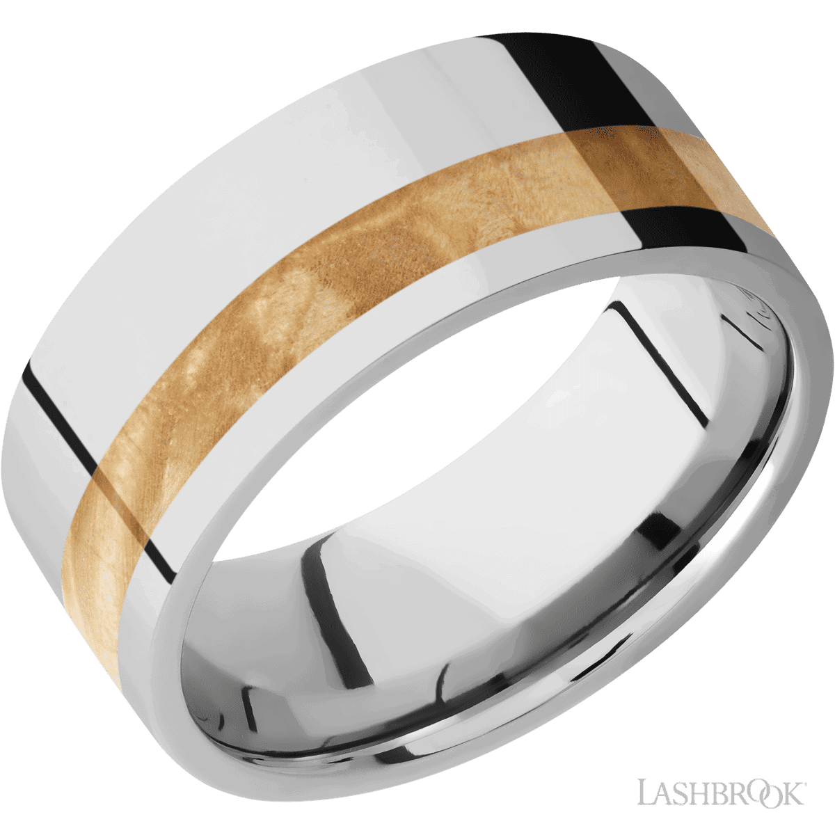 Photo of Cobalt Chrome and Burl Wood Band in a decorative scene, designed by -, available at Plumb Gold & Plumb Silver