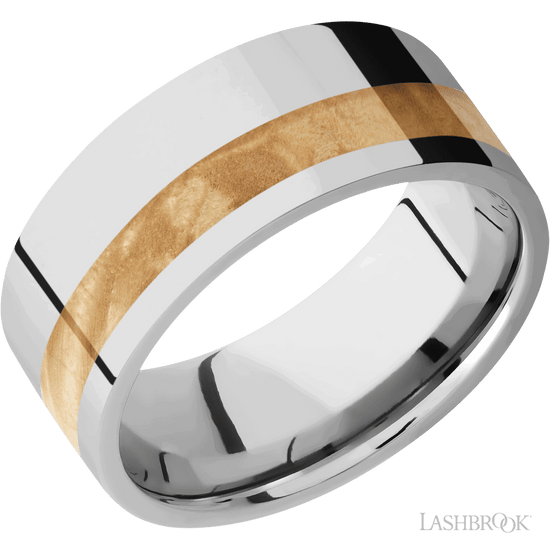 Photo of Cobalt Chrome and Burl Wood Band in a decorative scene, designed by -, available at Plumb Gold & Plumb Silver