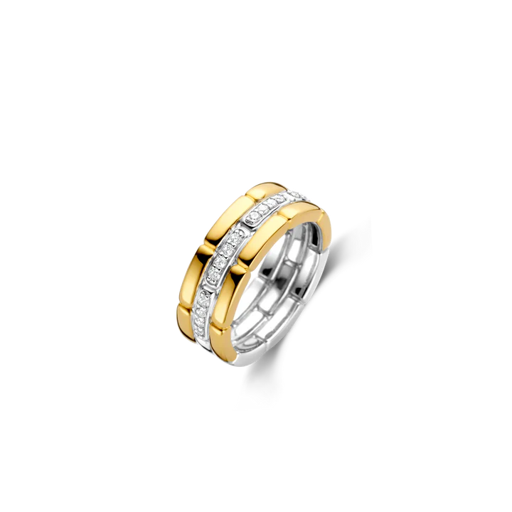 Photo of Cubic Zirconia Fancy Link Ring in a decorative scene, designed by , available at Plumb Gold & Plumb Silver