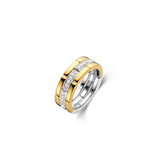 Photo of Cubic Zirconia Fancy Link Ring in a decorative scene, designed by , available at Plumb Gold & Plumb Silver