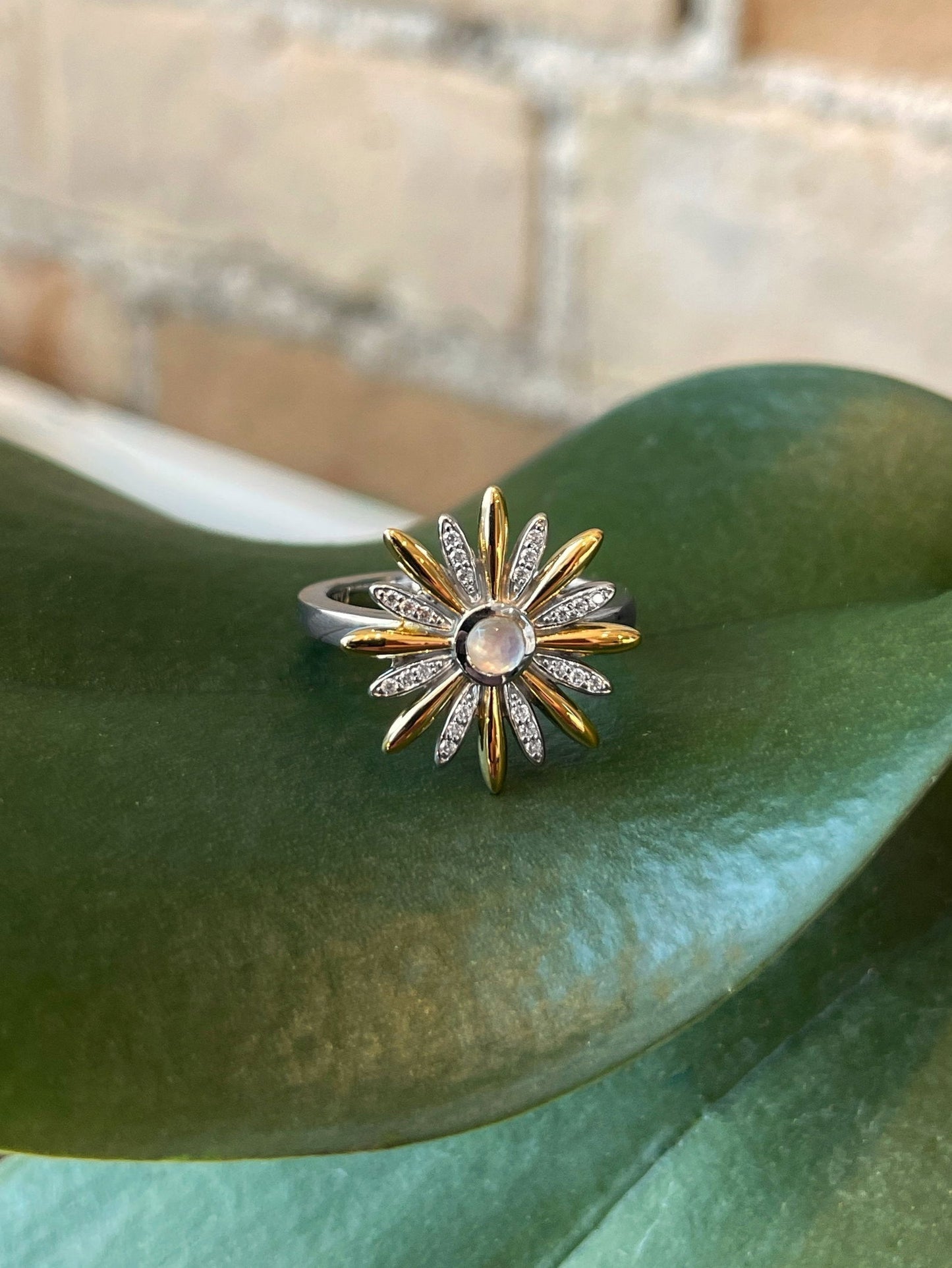 Photo of Daisy Ring in a decorative scene, designed by , available at Plumb Gold & Plumb Silver