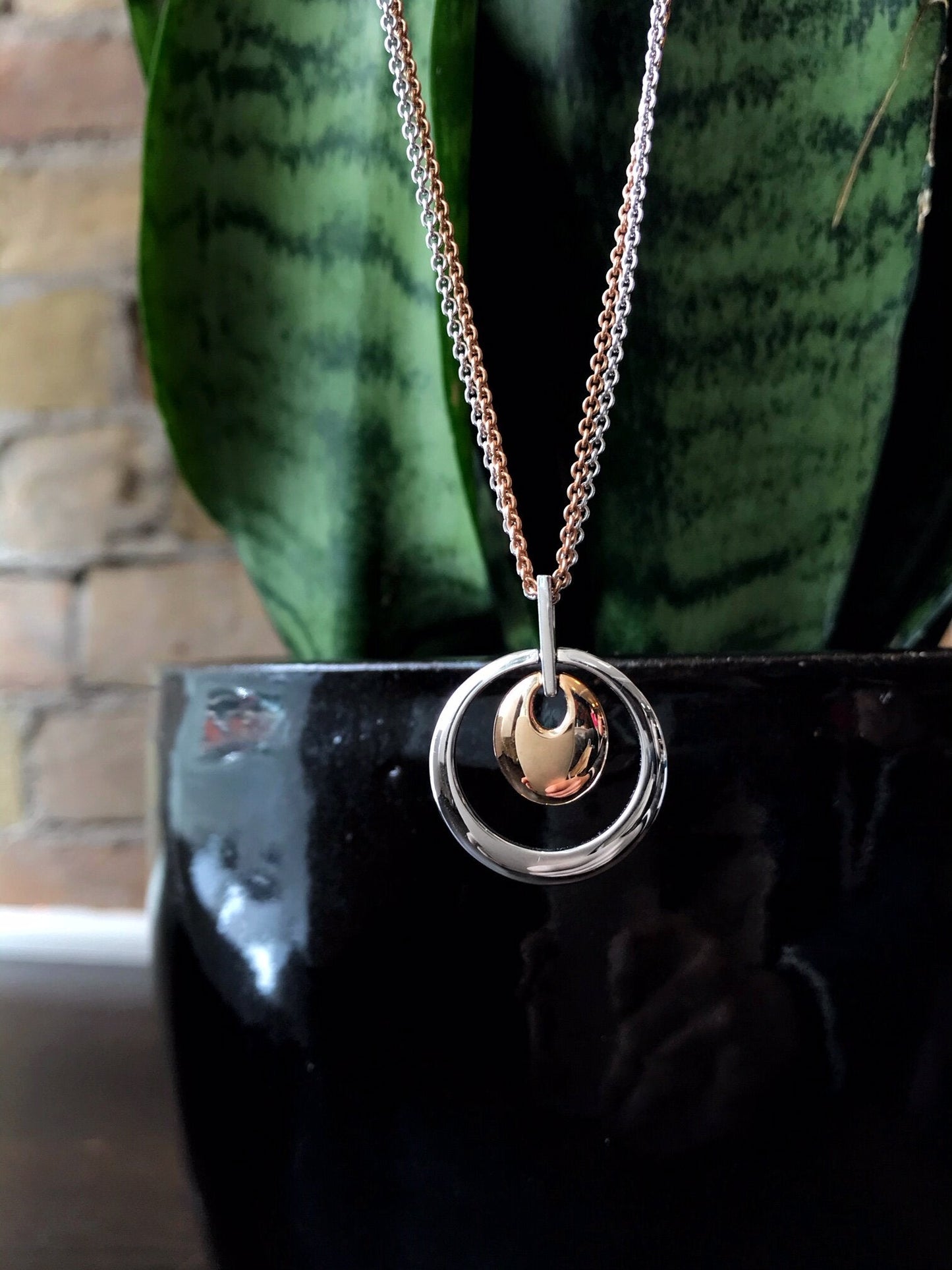 Photo of Double Circle Pendant in a decorative scene, designed by , available at Plumb Gold & Plumb Silver