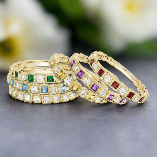 Photo of Gemstone Stackable Ring in a decorative scene, designed by , available at Plumb Gold & Plumb Silver