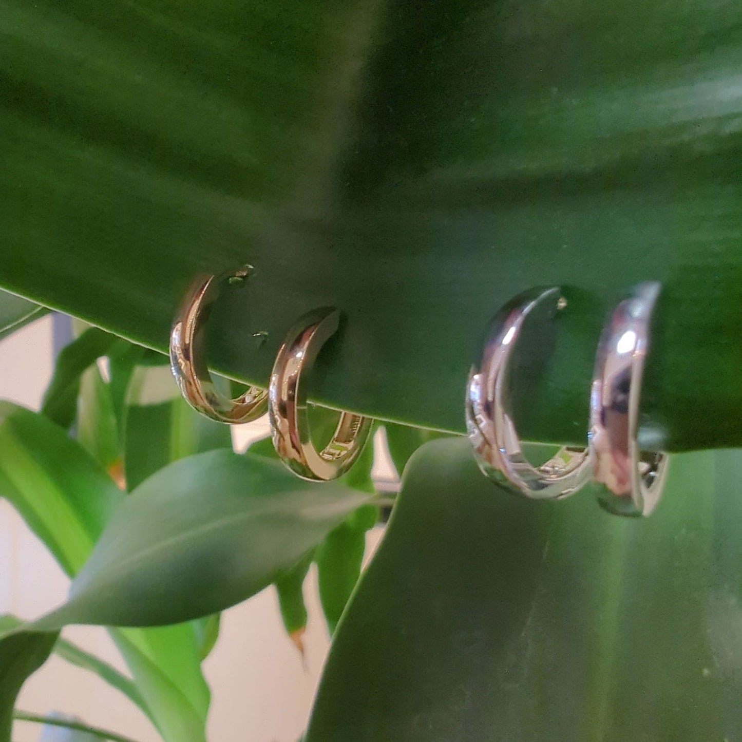 Photo of Hinged Huggie Hoops in a decorative scene, designed by , available at Plumb Gold & Plumb Silver