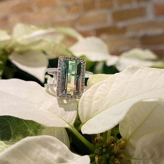 Photo of Kim Collins Bi-Color Tourmaline Ring in a decorative scene, designed by , available at Plumb Gold & Plumb Silver
