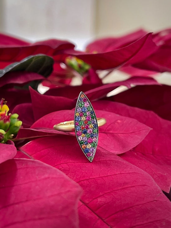 Photo of Kim Collins Rainbow Statement Ring in a decorative scene, designed by , available at Plumb Gold & Plumb Silver