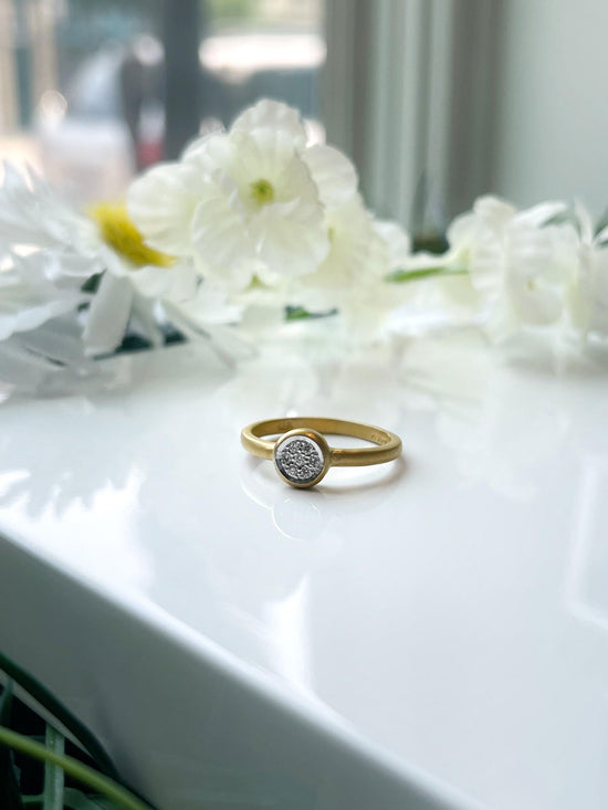 Photo of Matte Pavé Bezel Ring in a decorative scene, designed by , available at Plumb Gold & Plumb Silver