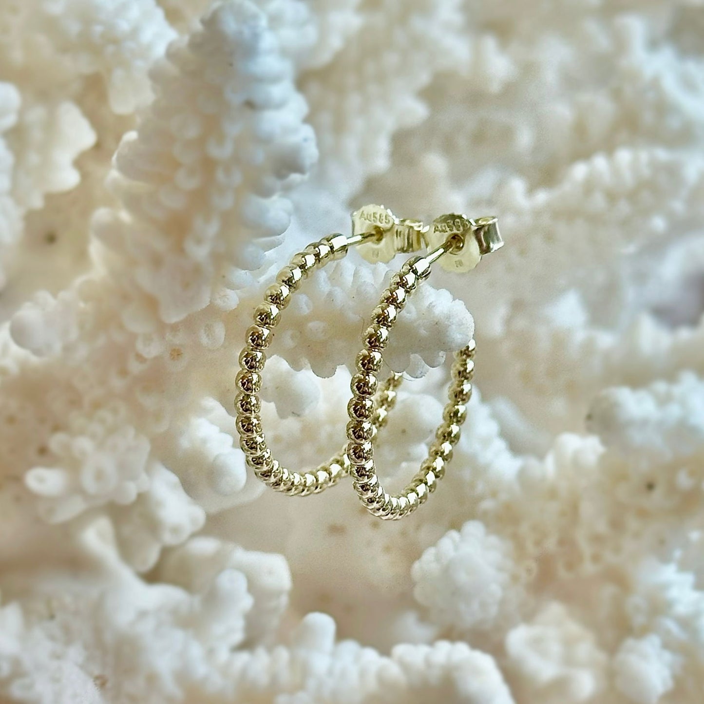 Photo of Medium Bubble Hoops in a decorative scene, designed by -, available at Plumb Gold & Plumb Silver