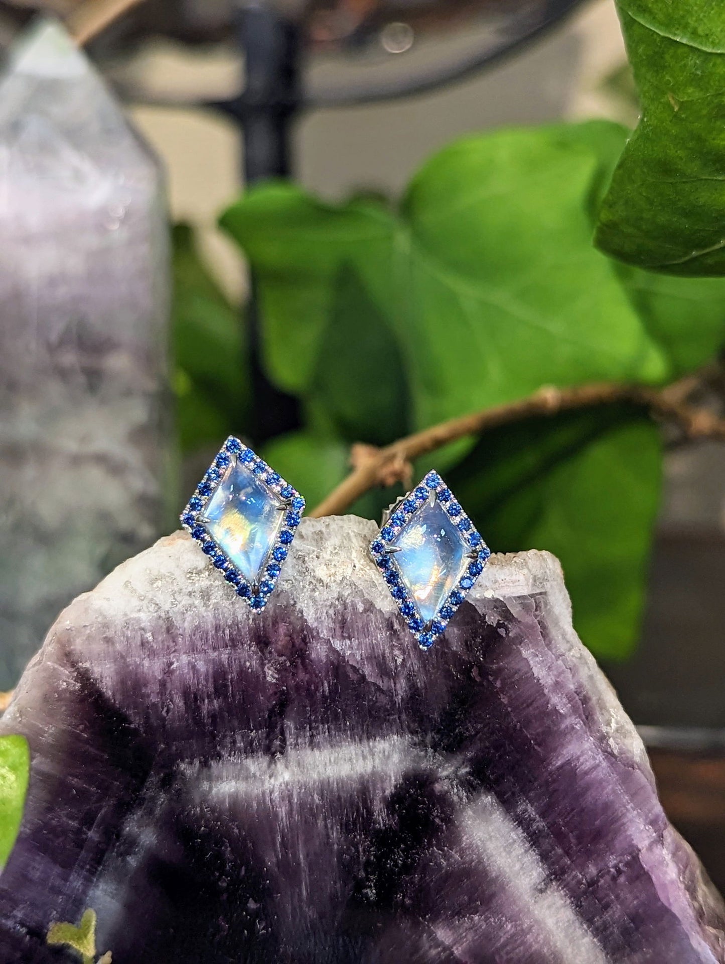 Photo of Moonstone and Sapphire Studs in a decorative scene, designed by , available at Plumb Gold & Plumb Silver