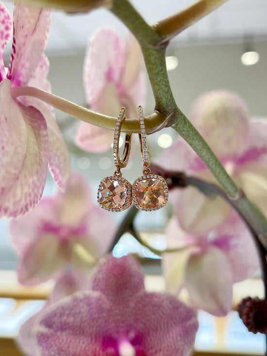 Photo of Morganite Dangles in a decorative scene, designed by , available at Plumb Gold & Plumb Silver