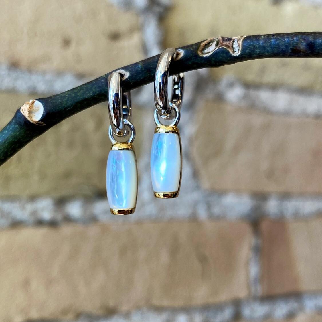 Photo of Mother of Pearl Semi-Bezel Dangle Earrings in a decorative scene, designed by , available at Plumb Gold & Plumb Silver