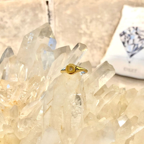 Photo of Nautical Star Signet Ring in a decorative scene, designed by , available at Plumb Gold & Plumb Silver