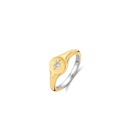 Photo of Nautical Star Signet Ring in a decorative scene, designed by , available at Plumb Gold & Plumb Silver