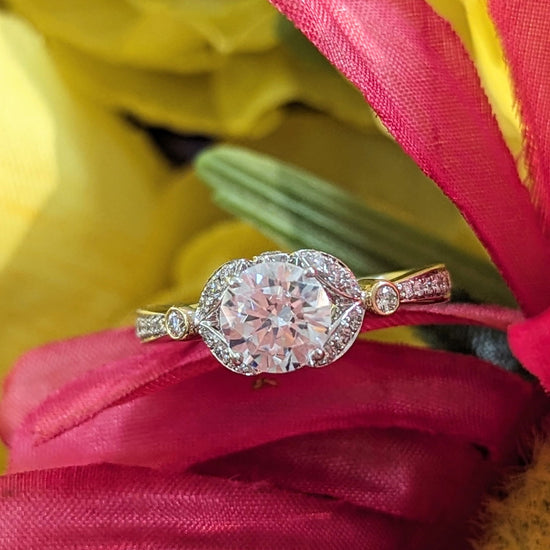 Photo of "Pheobe" Engagement Ring Mounting in a decorative scene, designed by , available at Plumb Gold & Plumb Silver