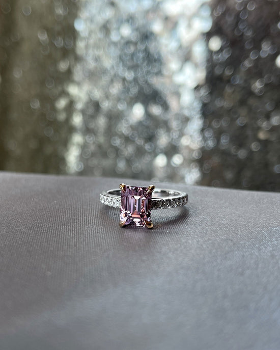 Photo of Pink Spinel Ring in a decorative scene, designed by , available at Plumb Gold & Plumb Silver