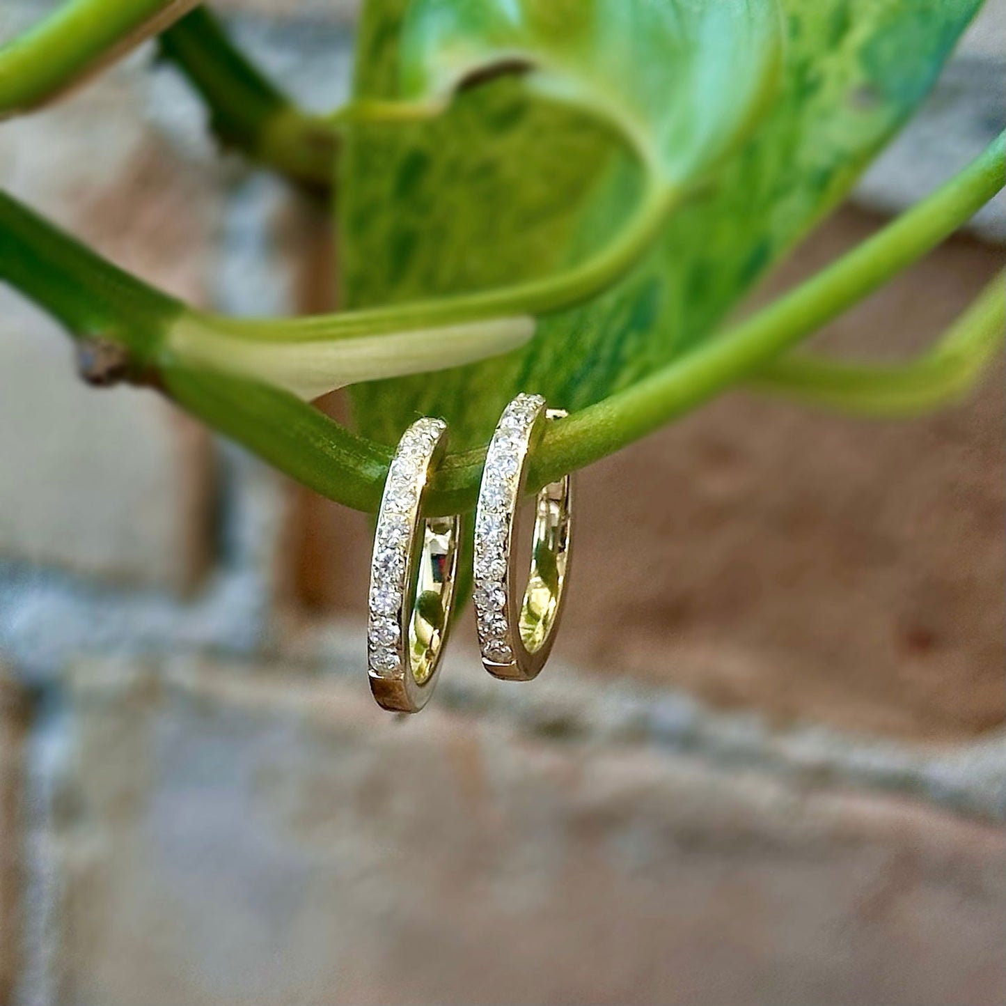 Photo of Small Diamond Huggies in a decorative scene, designed by -, available at Plumb Gold & Plumb Silver