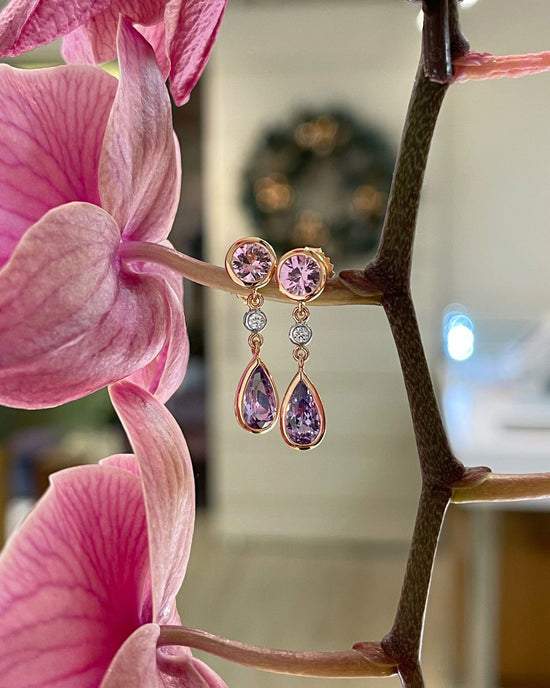 Photo of Spinel Dangles in a decorative scene, designed by , available at Plumb Gold & Plumb Silver