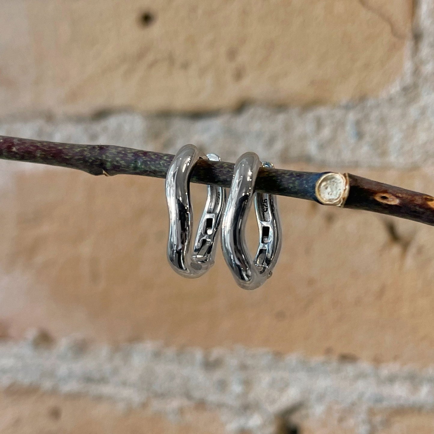 Photo of Squiggle Hoops in a decorative scene, designed by , available at Plumb Gold & Plumb Silver