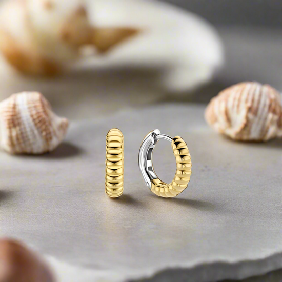 Photo of Sterling Silver Gold Plated Shell Huggies in a decorative scene, designed by , available at Plumb Gold & Plumb Silver