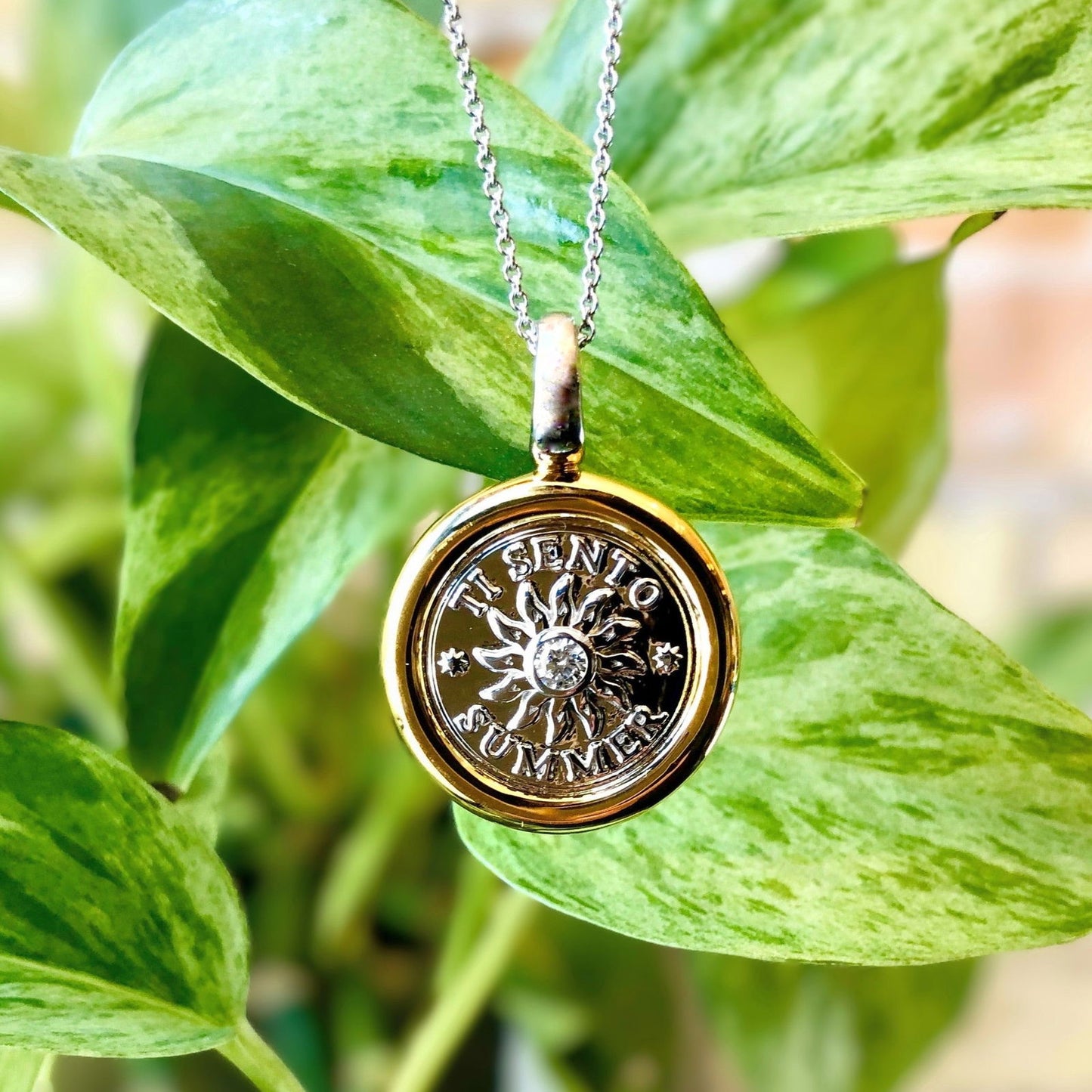 Photo of Summer Sun Coin Pendant in a decorative scene, designed by , available at Plumb Gold & Plumb Silver