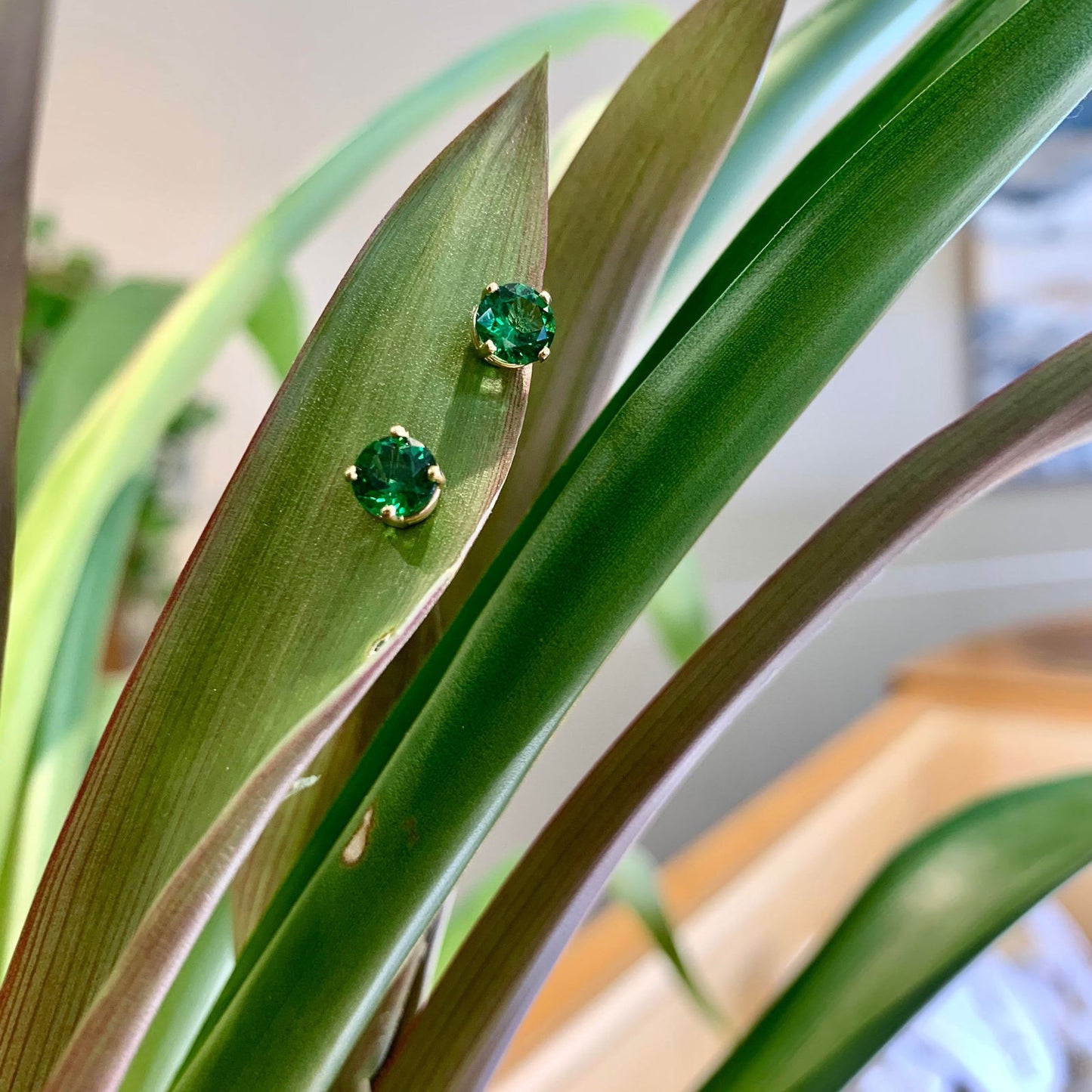 Photo of Tsavorite Round Stud Earrings in a decorative scene, designed by , available at Plumb Gold & Plumb Silver