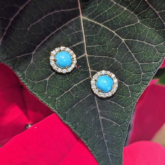 Photo of Turquoise Diamond Halo Stud Earrings in a decorative scene, designed by , available at Plumb Gold & Plumb Silver