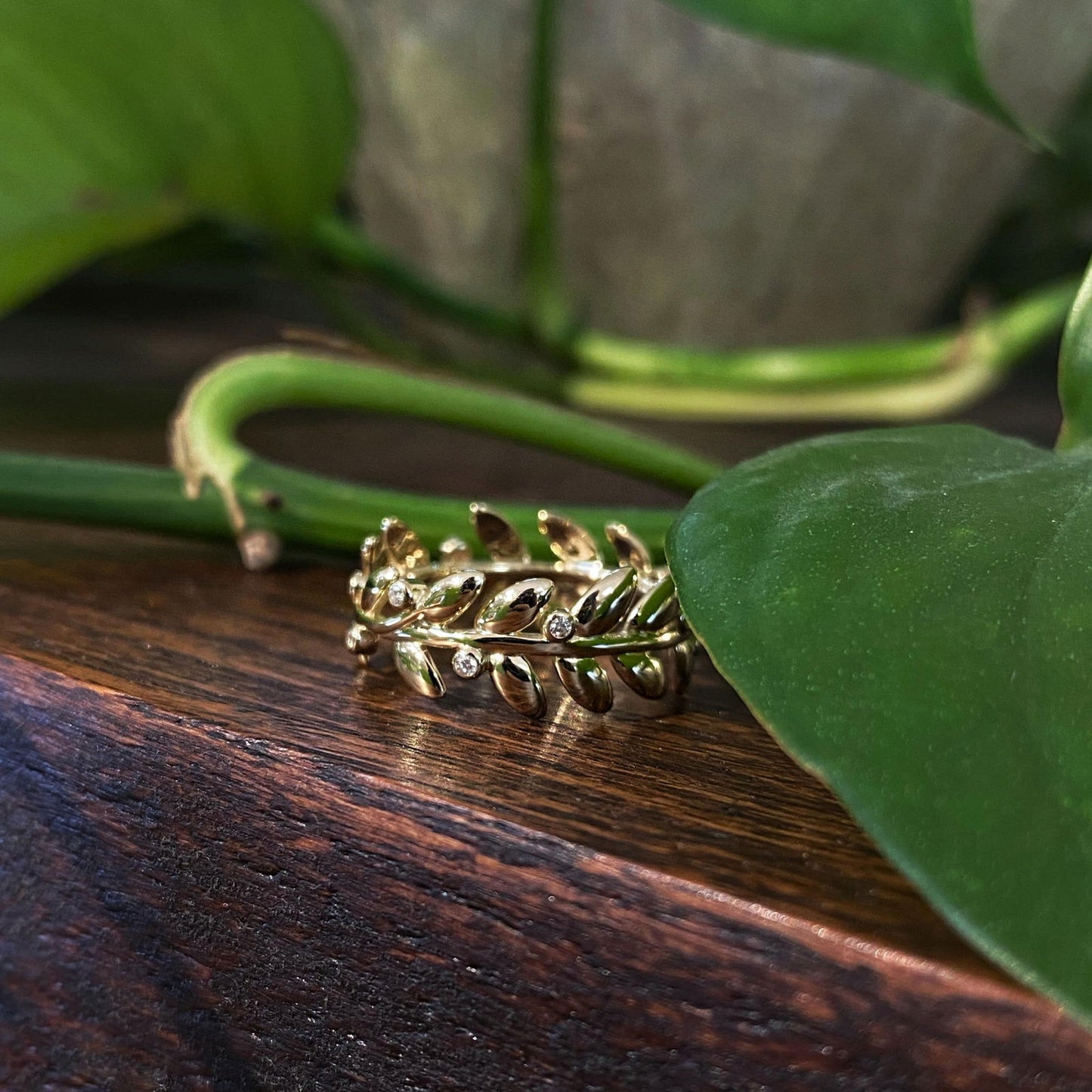 Photo of "Vine" Ring in a decorative scene, designed by , available at Plumb Gold & Plumb Silver