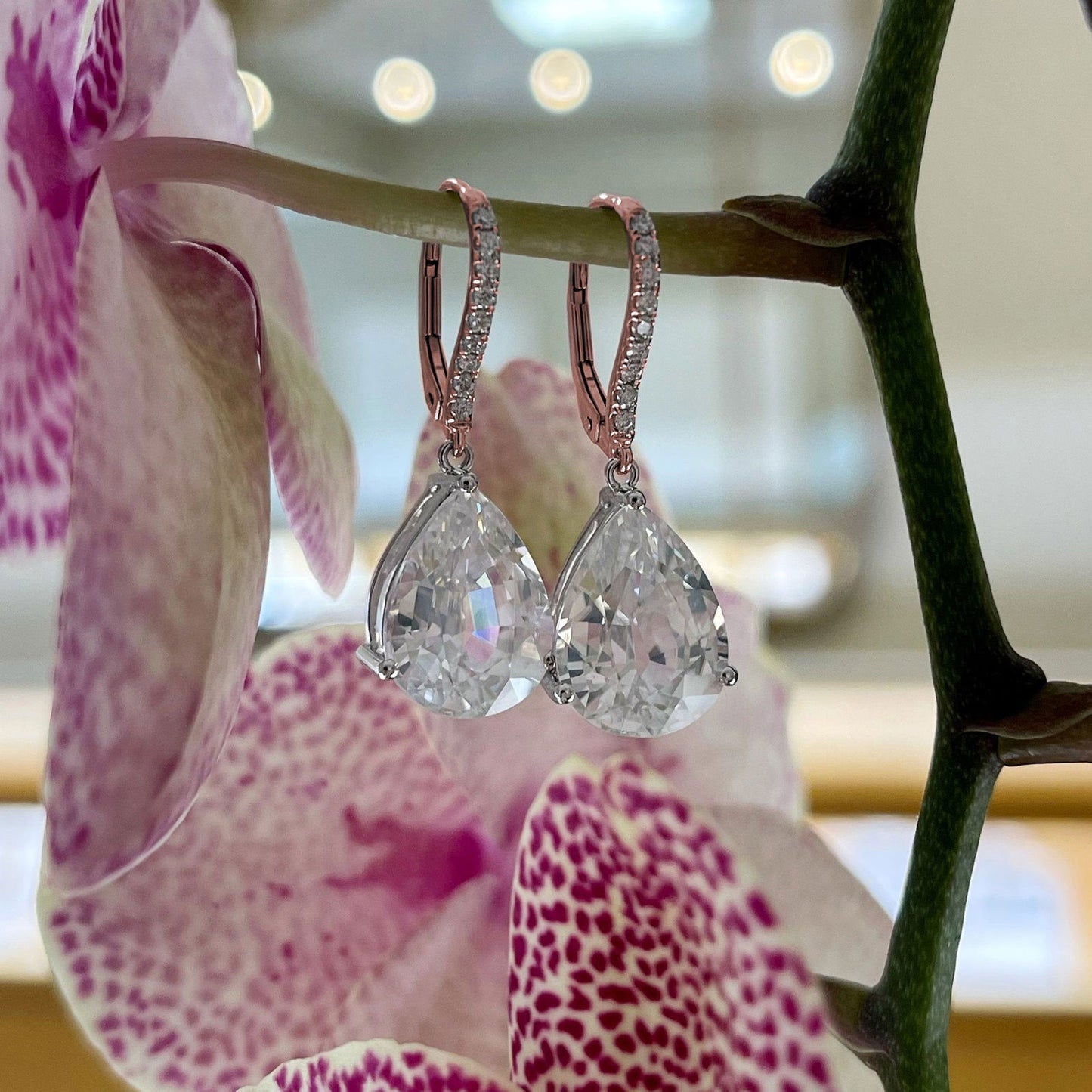 Photo of White Zircon and Diamond Dangles in a decorative scene, designed by -, available at Plumb Gold & Plumb Silver