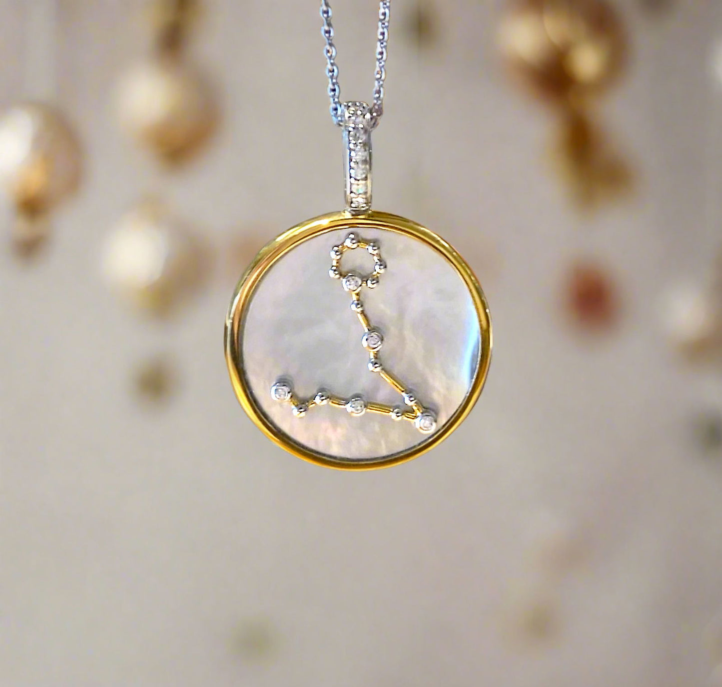 Photo of Zodiac Pendant in a decorative scene, designed by , available at Plumb Gold & Plumb Silver