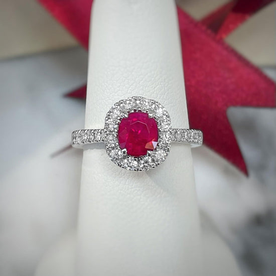 Photo of Zoma Color Ruby and Diamond Ring in a decorative scene, designed by , available at Plumb Gold & Plumb Silver