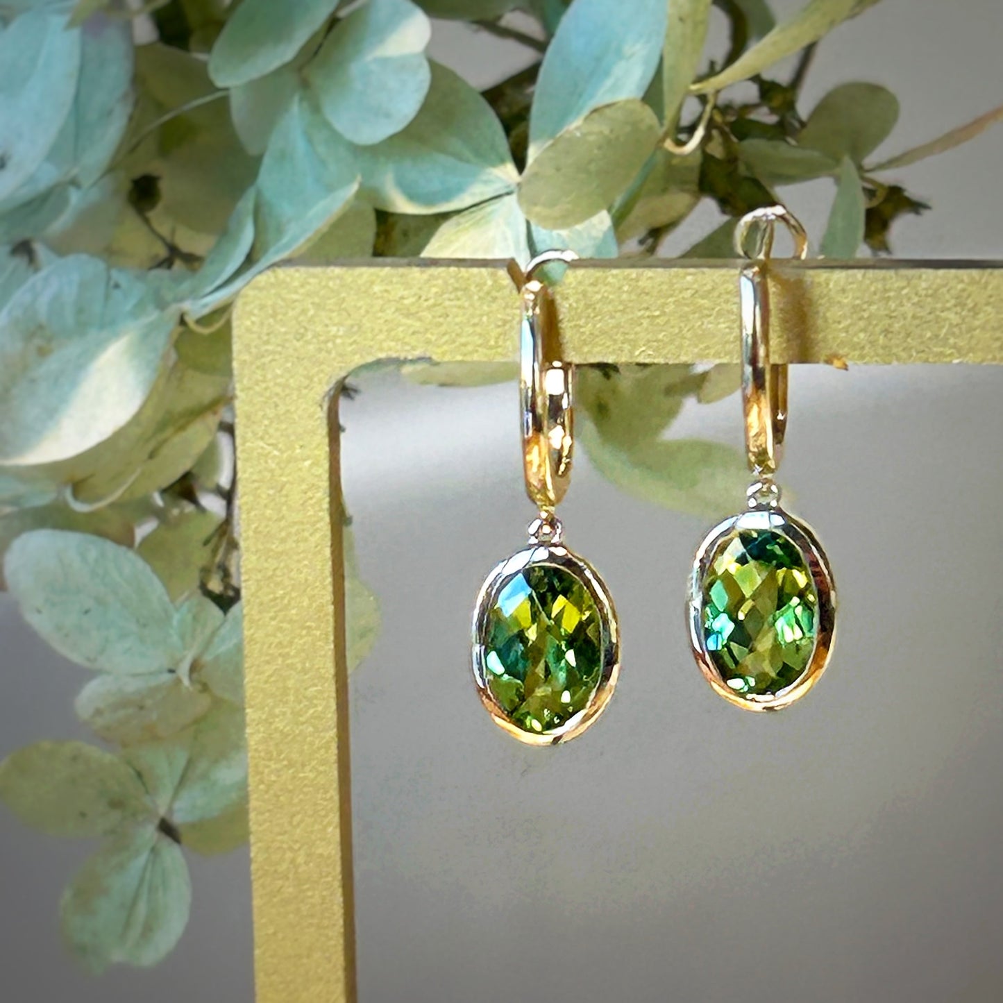 Peridot Oval Checkerboard Drop Earrings