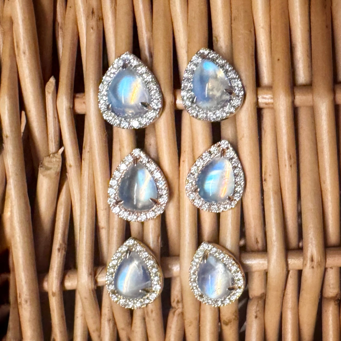 Pear Moonstone Halo Earrings