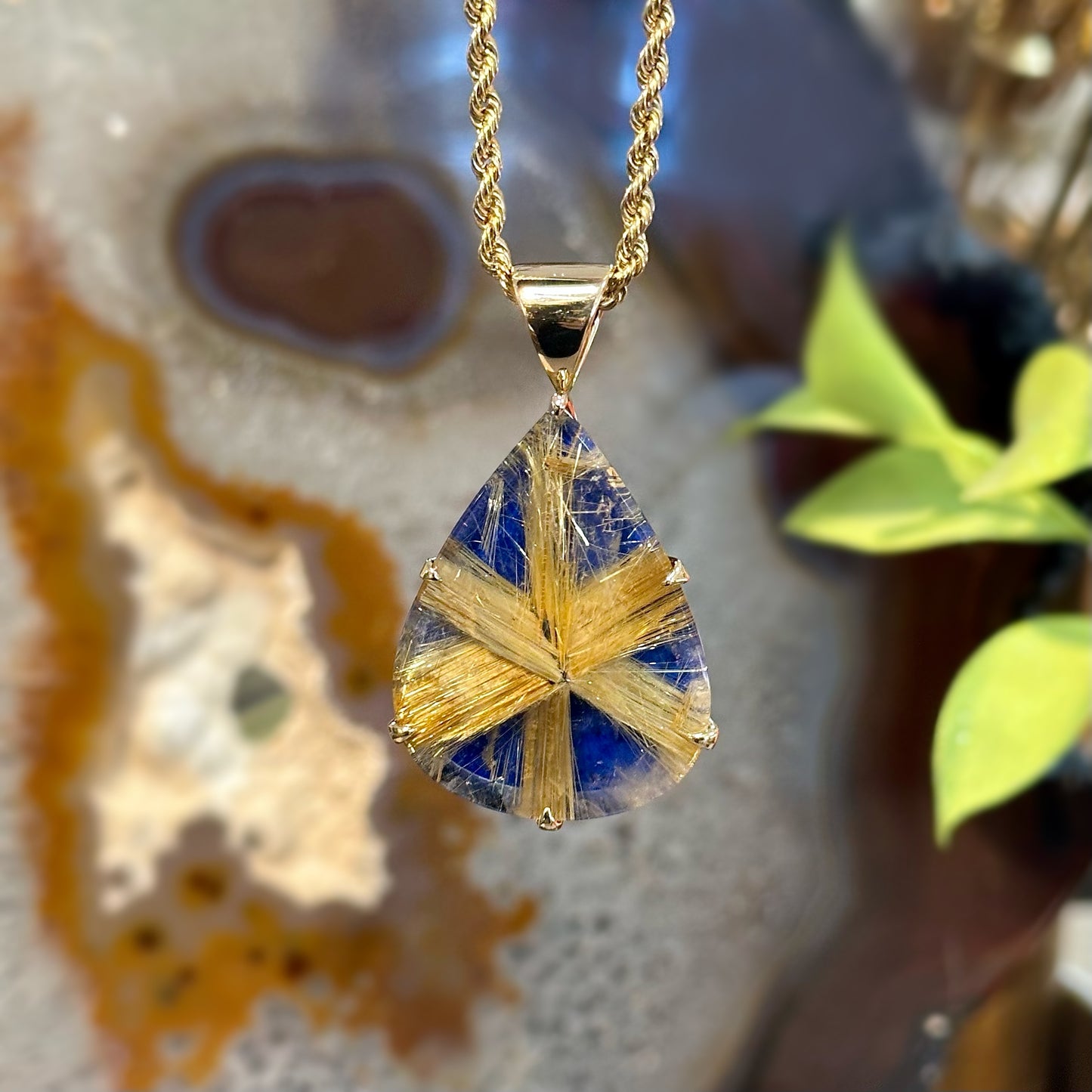 Rutilated Quartz and Lapis Pendant