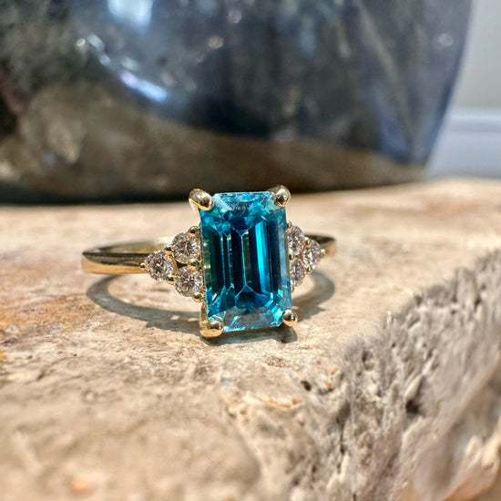 Emerald Cut Blue Zircon Diamond Ring