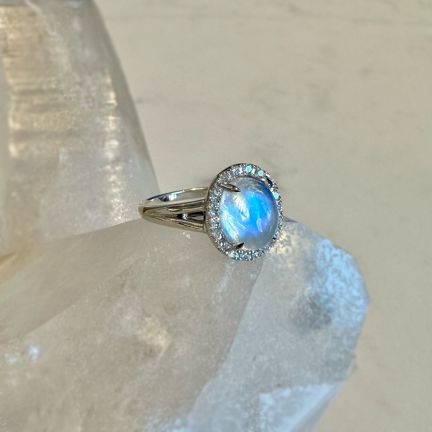 Oval Moonstone Halo Ring