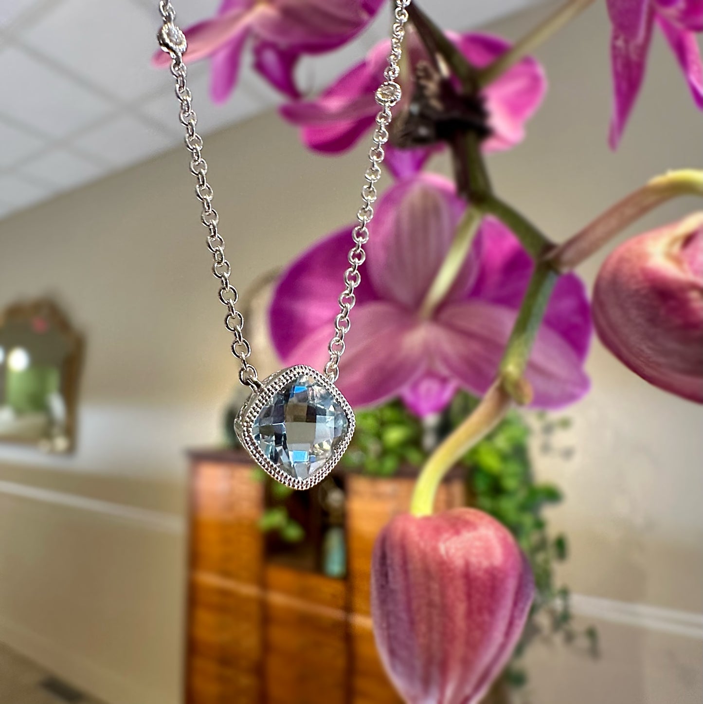 Checkerboard Gemstone Bezel Necklace